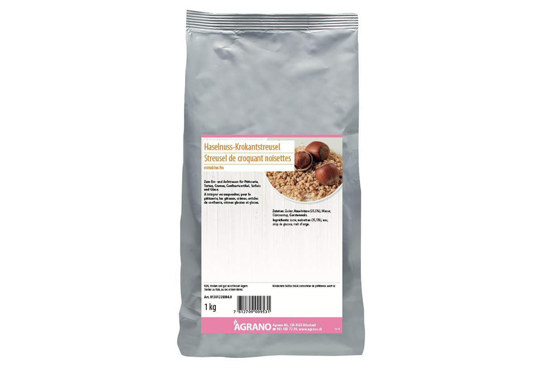 Haselnuss-Krokantstreusel mittel. Ein Produkt der Agrano AG