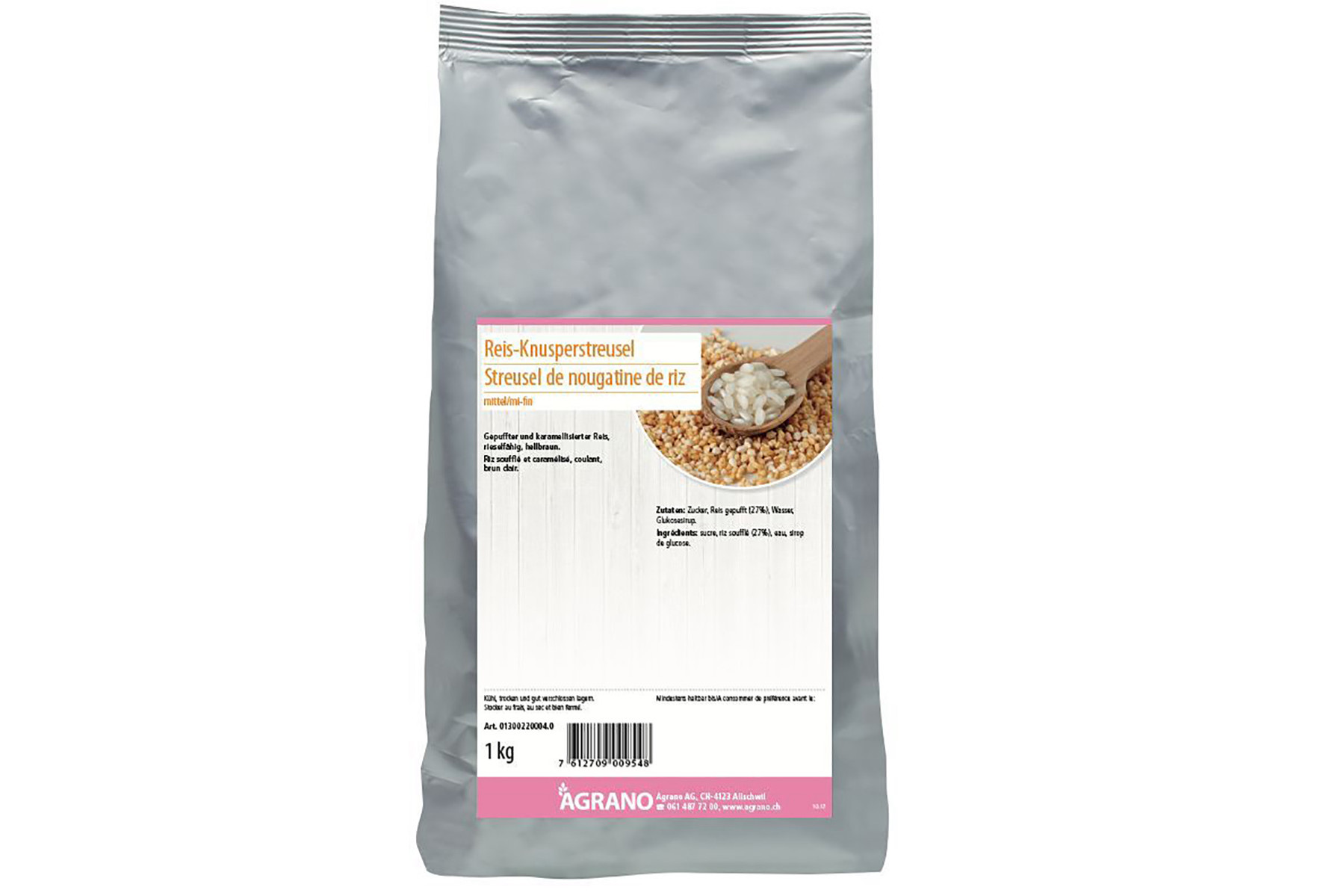 Reis-Knusperstreusel mittel. Ein Produkt der Agrano AG